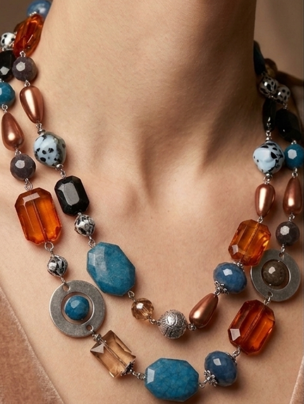 Vintage Multi-Color Acrylic Double Strand Convertible Necklace - 18" Long